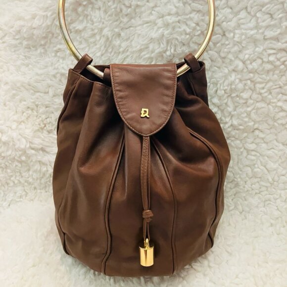 RARE 70s Roberta di Camerino Brown Leather Bucket Bag w Metal Ring Handle